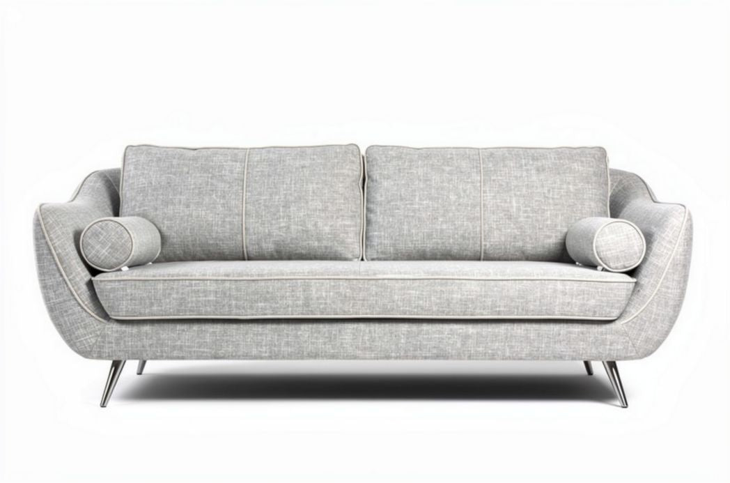 Grijs stoffen bank met kussens en metalen poten 200 x 90 x 85cm