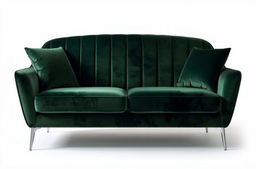 Groene fluwelen bank met kussens en metalen poten 140 x 80 x 75cm