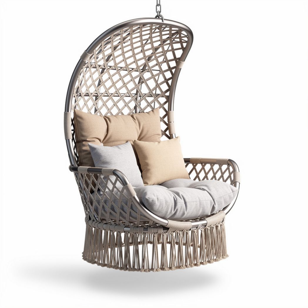 Hangstoel van staal en rotan met kussens lichtgrijs 100 x 90 x 120cm