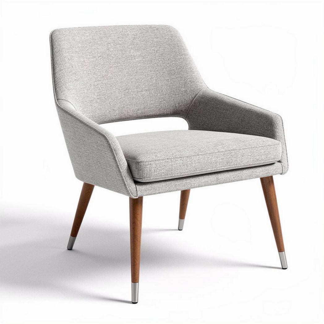 Grijze stoffen fauteuil met houten poten en afmetingen 70 x 70 x 80cm