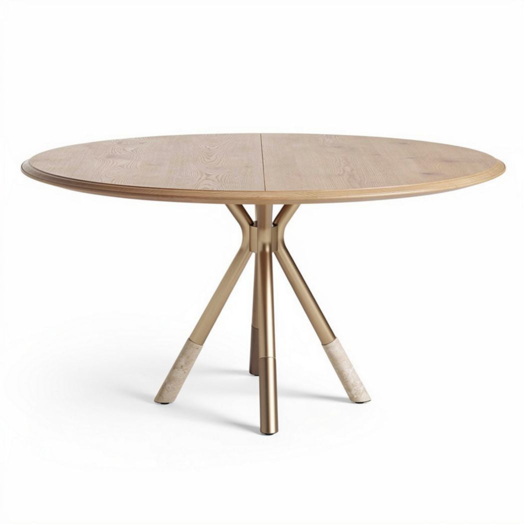 Ronde eettafel van hout met gouden poten en marmeren details 150 x 150 x 75cm